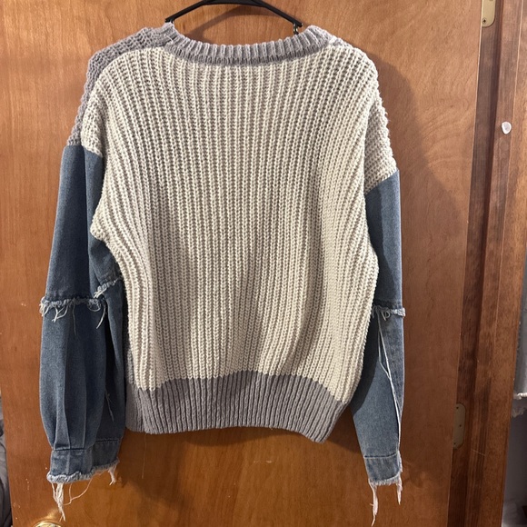 Boutique Patchwork Knit Sweater w/ Denim Sleeves | Small - Picture 3 of 6